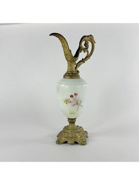 Antique Victorian Brass & Glass Ewer Floral Handpainted Design Ornate Lions Head